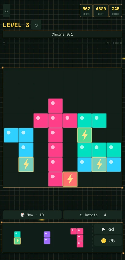 Fuse gameplay: a board of coloured blocks with spark cells